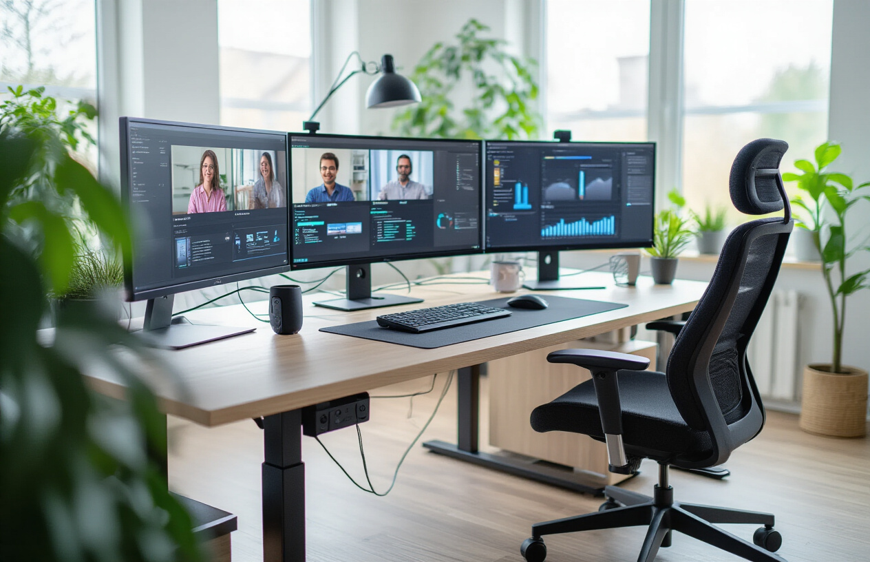 Create a realistic image of a modern home office setup with multiple monitors displaying video conference calls, cloud storage interfaces, and productivity software, featuring ergonomic furniture including a standing desk and comfortable chair, high-tech equipment like wireless headsets and webcams, fiber optic cables and networking hardware visible in the background, bright natural lighting from large windows, plants for a healthy work environment, and a clean minimalist aesthetic that represents professional remote work infrastructure. Absolutely NO text should be in the scene.