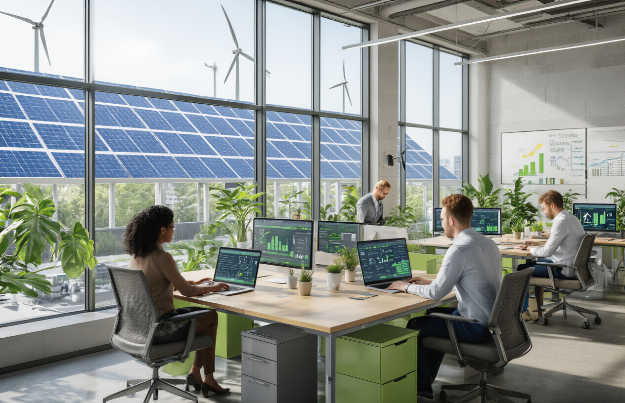 Create a realistic image of a modern office workspace featuring sustainable technology solutions with solar panels visible through large windows, a diverse group of professionals including a black female and white male working on laptops displaying green energy dashboards, eco-friendly office furniture made from recycled materials, LED lighting systems, and small wind turbines on the building rooftop in the background, bright natural lighting streaming in, professional and innovative atmosphere, Absolutely NO text should be in the scene.