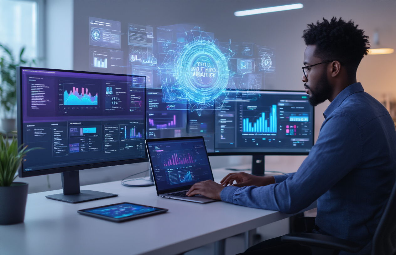 Create a realistic image of a modern office workspace with multiple computer screens displaying personalized user interfaces and recommendation algorithms, a black male data scientist analyzing customer data charts on a laptop, AI-powered chatbot interfaces visible on tablets, sleek modern desk setup with purple and blue ambient lighting, futuristic holographic data visualizations floating above devices showing user preferences and behavioral patterns, clean minimalist background with soft professional lighting, absolutely NO text should be in the scene.