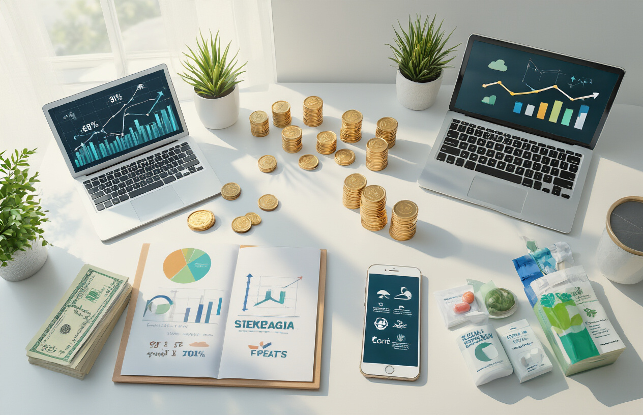Create a realistic image of a modern office desk viewed from above showing five distinct business concept representations: a laptop displaying growth charts, a smartphone with digital marketing icons, stacks of coins representing financial services, eco-friendly products like reusable items symbolizing sustainability, and health-related items like supplements or wellness products, all arranged in an organized layout with soft natural lighting from a window, professional business atmosphere with clean white background, shot in top-down perspective, absolutely NO text should be in the scene.