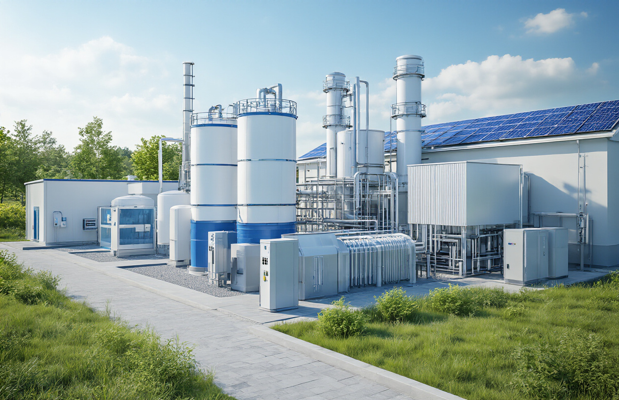 Create a realistic image of a modern sewage treatment plant facility with sleek white and blue cylindrical tanks and processing units, clean industrial piping systems, digital control panels with LED indicators, surrounded by green landscaping and solar panels on building rooftops, bright daylight with clear blue sky, showcasing advanced eco-friendly water treatment technology in a pristine environment, absolutely NO text should be in the scene.