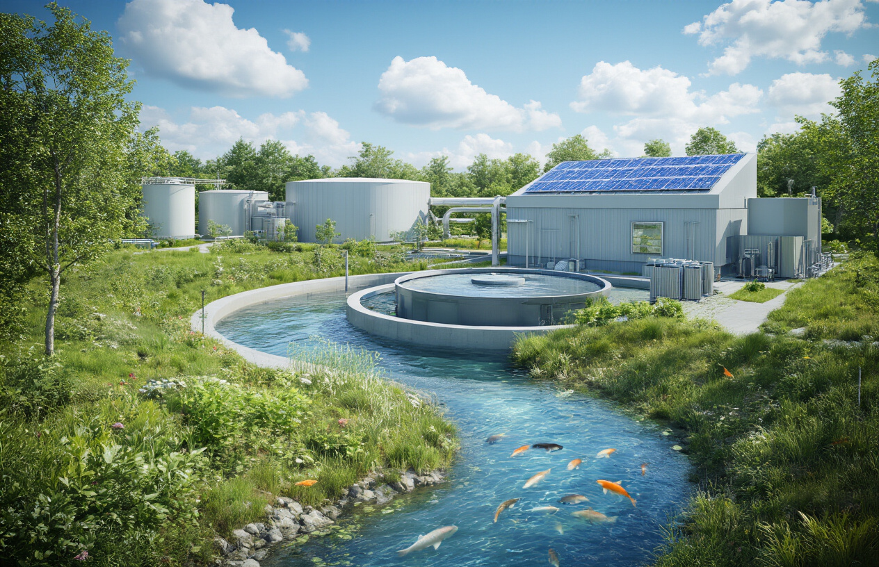Create a realistic image of a modern sewage treatment plant with clean, eco-friendly technology featuring crystal clear treated water flowing from advanced filtration systems, lush green vegetation and trees surrounding the facility, solar panels on building rooftops, a bright blue sky with white clouds, and visible environmental benefits like clean water being released into a natural stream where fish are swimming, emphasizing the harmonious integration of technology and nature in a sustainable water treatment solution, absolutely NO text should be in the scene.