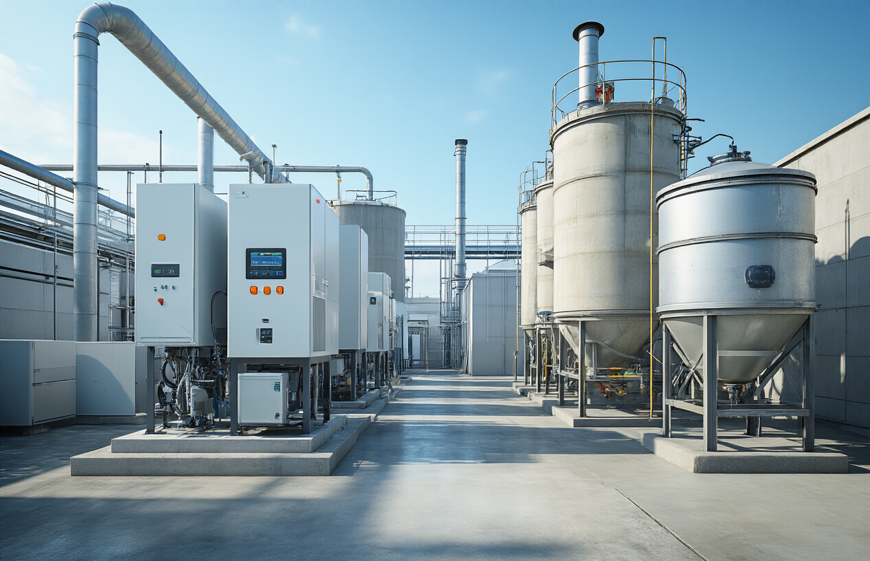 Create a realistic image of a modern sewage treatment facility with advanced easySTP technology equipment on the left side showing sleek, compact treatment units with LED indicators and automated systems, compared to an older traditional sewage treatment plant on the right side with large concrete tanks, outdated machinery, and more complex infrastructure, both facilities are set in an industrial environment with clear blue sky background, the modern facility appears cleaner and more organized while the traditional one looks more cumbersome and space-consuming, bright daylight illumination highlighting the contrast between efficient modern technology and conventional methods, absolutely NO text should be in the scene.