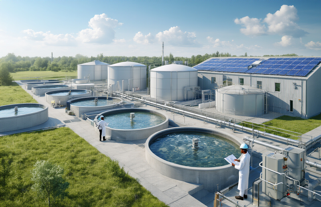 Create a realistic image of a modern sewage treatment facility with clean, efficient operations showing before-and-after comparison scenes, featuring multiple treatment tanks with clear, treated water, green landscaping around the facility, solar panels on building roofs, a diverse group of engineers including a white male and black female reviewing documentation near treatment equipment, visible pipes and filtration systems, blue sky background with some clouds, professional industrial atmosphere with emphasis on environmental sustainability and technological advancement, bright daylight lighting that highlights the clean and organized facility operations, absolutely NO text should be in the scene.