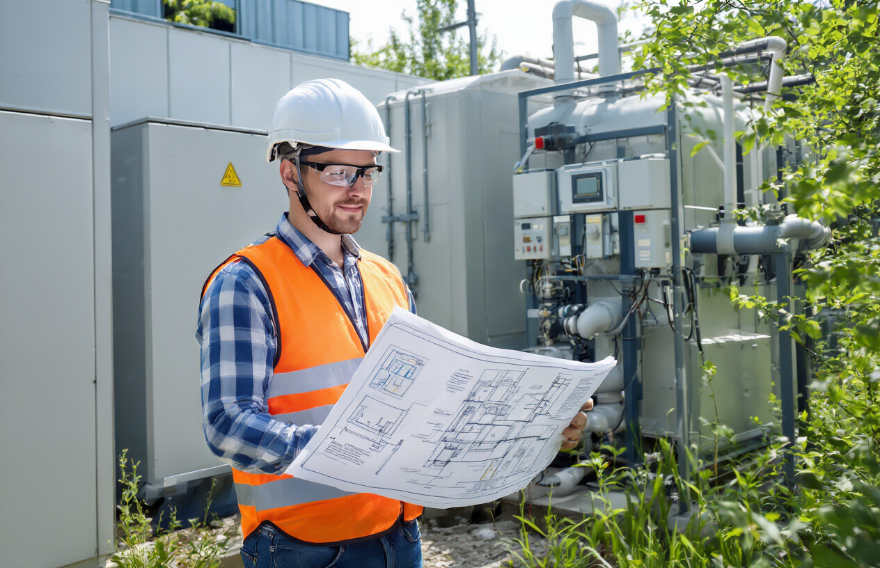 Create a realistic image of a professional white male engineer in safety helmet and vest reviewing technical blueprints and implementation documents while standing next to a modern compact sewage treatment plant system, with visible pipes, control panels, and monitoring equipment in the background, surrounded by green vegetation indicating eco-friendly operations, under bright daylight with clear professional lighting, absolutely NO text should be in the scene.