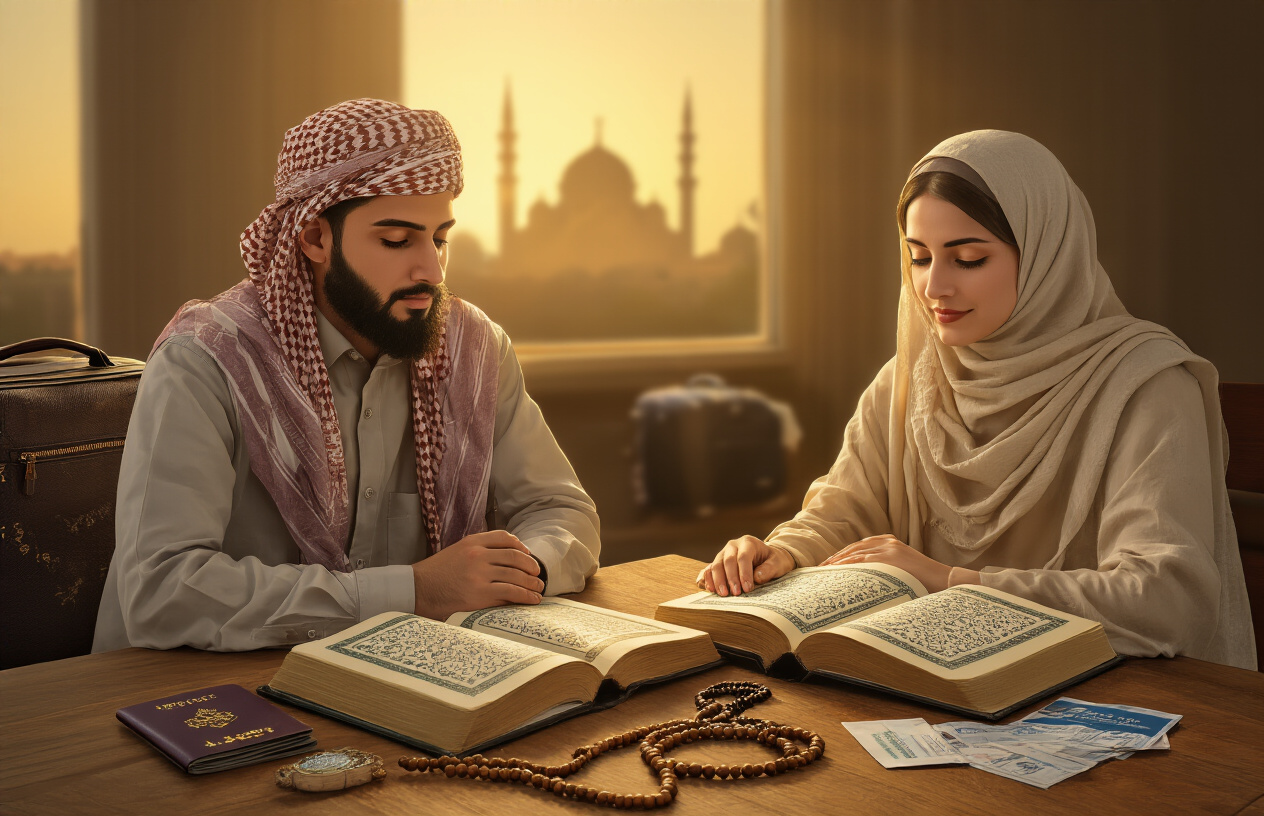 Create a realistic image of a Muslim male and female of Middle Eastern ethnicity sitting together with open Quran books and prayer beads (tasbih) on a wooden table, with luggage bags and travel items like passport and plane tickets visible in the background, warm golden lighting creating a peaceful atmosphere for memorizing prayers, mosque silhouette visible through a window, absolutely NO text should be in the scene.