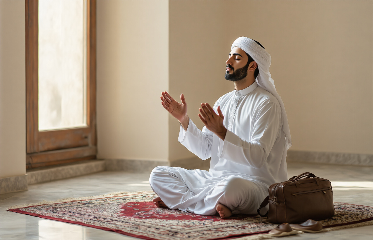 Create a realistic image of a Middle Eastern male sitting cross-legged on a prayer rug in a serene indoor setting, with his hands raised in a supplication gesture, eyes closed peacefully, wearing traditional white clothing, surrounded by soft natural lighting from a nearby window, with a simple travel bag and shoes placed beside him, creating a calm spiritual atmosphere for prayer preparation before travel, absolutely NO text should be in the scene.