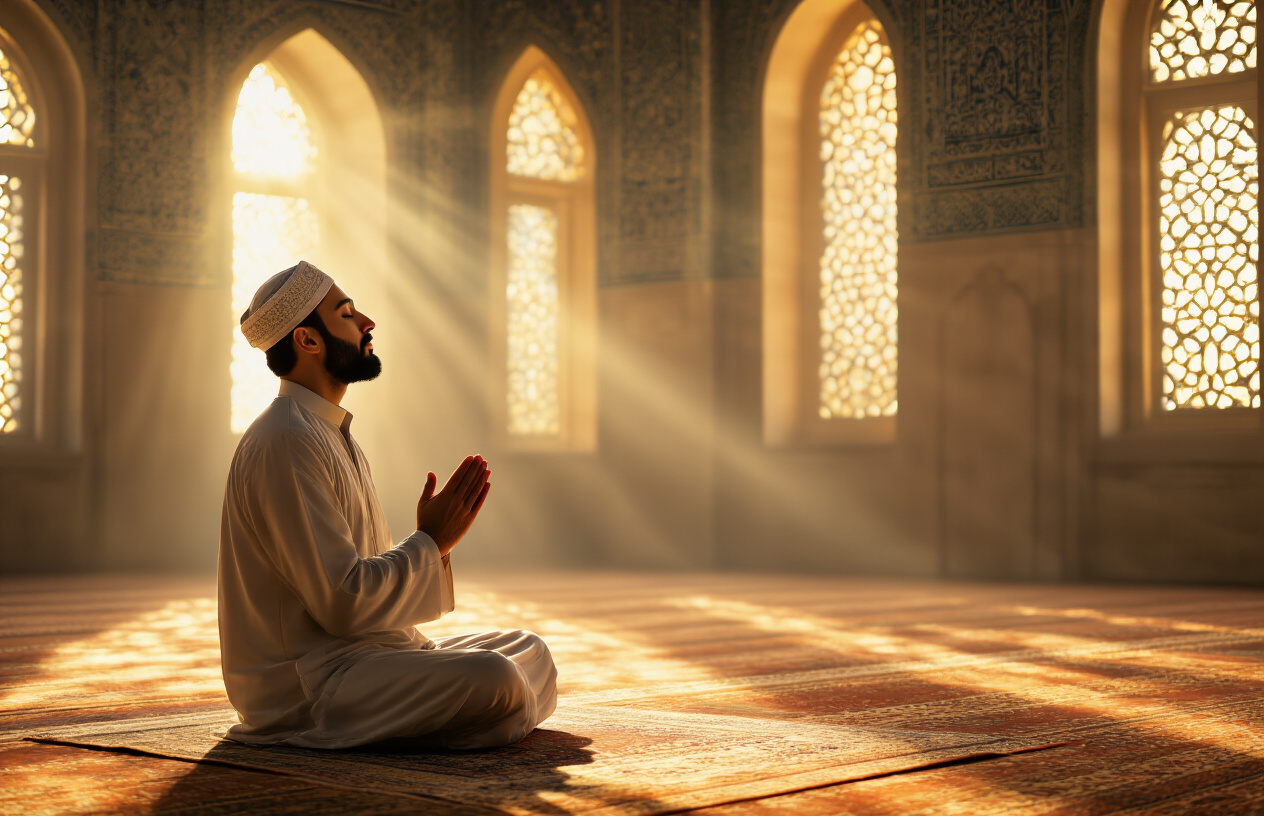 Create a realistic image of a peaceful Middle Eastern male in his 30s with closed eyes and hands raised in prayer position, sitting on a prayer mat inside a softly lit mosque with ornate Islamic geometric patterns on the walls, warm golden lighting filtering through arched windows creating a serene spiritual atmosphere, with subtle rays of light emanating around the praying figure to symbolize divine blessings and spiritual connection, absolutely NO text should be in the scene.