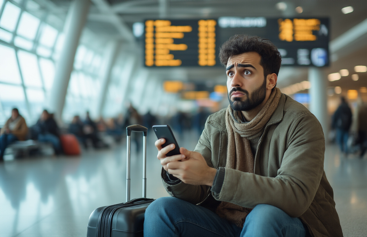 Create a realistic image of a Middle Eastern male traveler sitting in an airport terminal looking confused and frustrated while holding a smartphone, with a suitcase beside him, surrounded by departure boards and other travelers in the background, soft natural lighting from large windows, conveying a sense of uncertainty and missed opportunities, absolutely NO text should be in the scene.