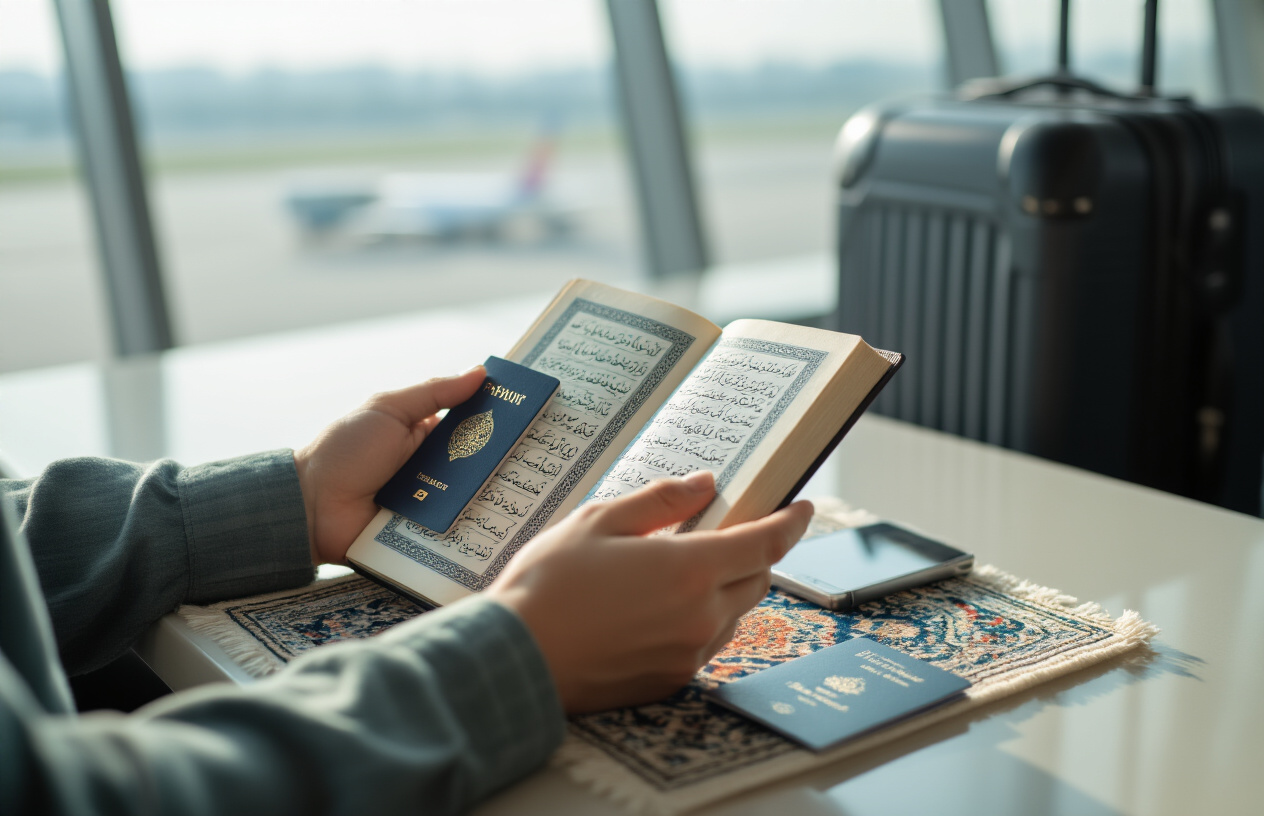 Create a realistic image of a Muslim traveler's hands holding an open prayer book or smartphone showing Islamic travel prayers, with travel essentials like a passport, boarding pass, and small prayer rug visible on a clean airport or hotel table surface, soft natural lighting creating a peaceful atmosphere for spiritual preparation, with luggage and travel items subtly arranged in the background, absolutely NO text should be in the scene.