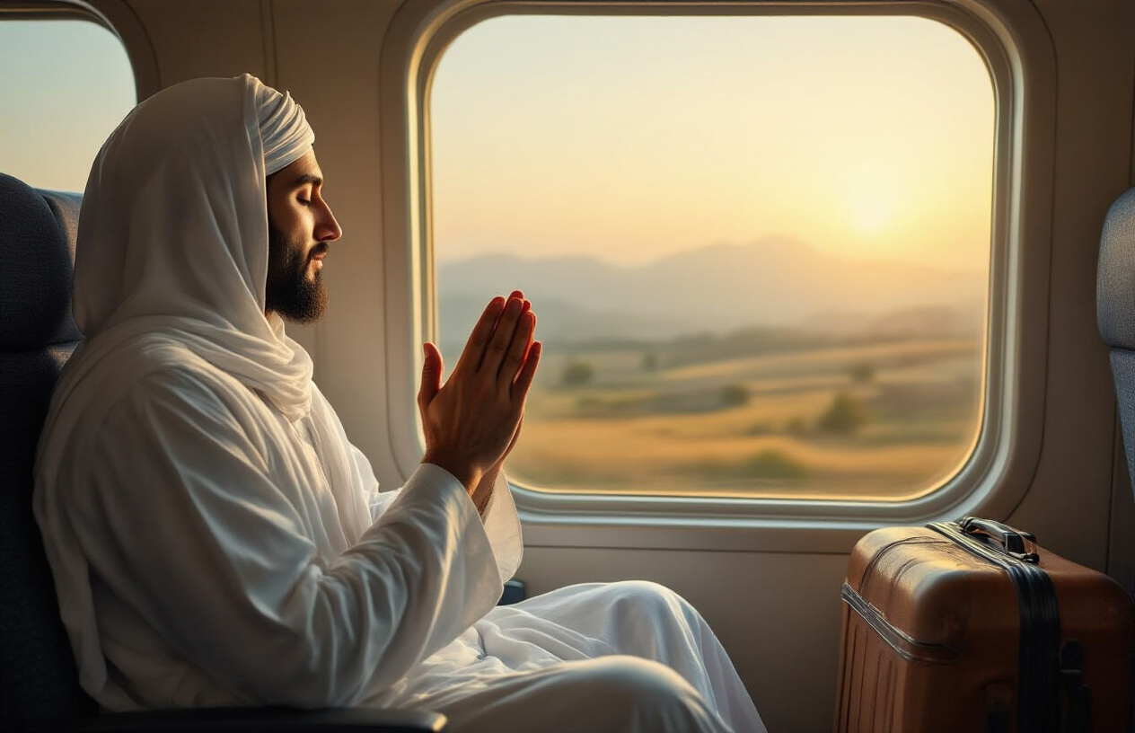 Create a realistic image of a peaceful Muslim traveler in traditional white clothing sitting inside a moving train or airplane, hands gently raised in prayer position, looking out through a large window at a beautiful landscape passing by, with soft golden hour lighting illuminating their serene face, luggage visible nearby, creating a sense of spiritual journey and divine protection during travel, absolutely NO text should be in the scene.