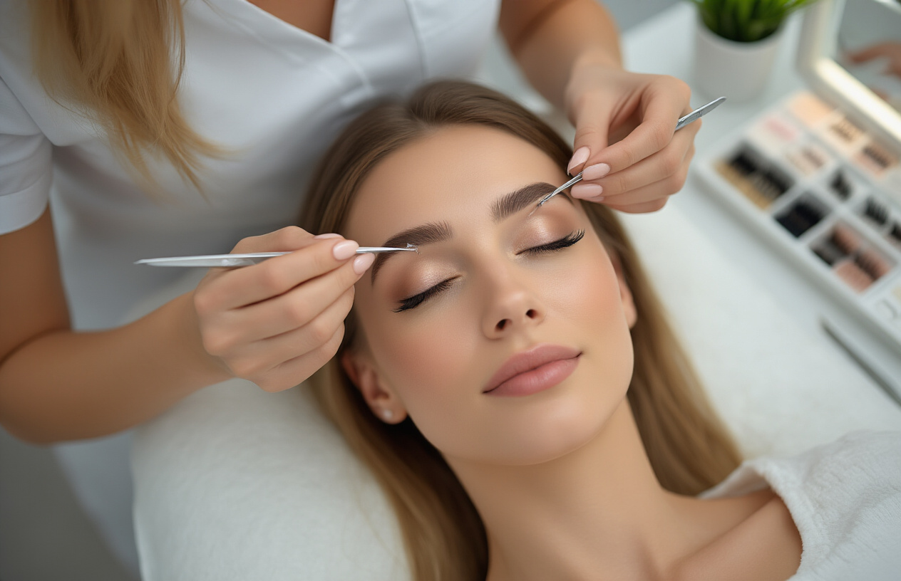 Create a realistic image of a close-up view showing the process of eyelash extension application, featuring a white female client lying down with her eyes closed while a professional beautician uses tweezers to carefully attach individual synthetic eyelash extensions to natural lashes, with a clean white beauty salon background, soft professional lighting illuminating the delicate procedure, various eyelash extension tools and materials visible on a nearby tray including different lengths of synthetic lashes, tweezers, and adhesive, creating an educational and professional atmosphere that demonstrates the technical aspect of eyelash extension application, absolutely NO text should be in the scene.