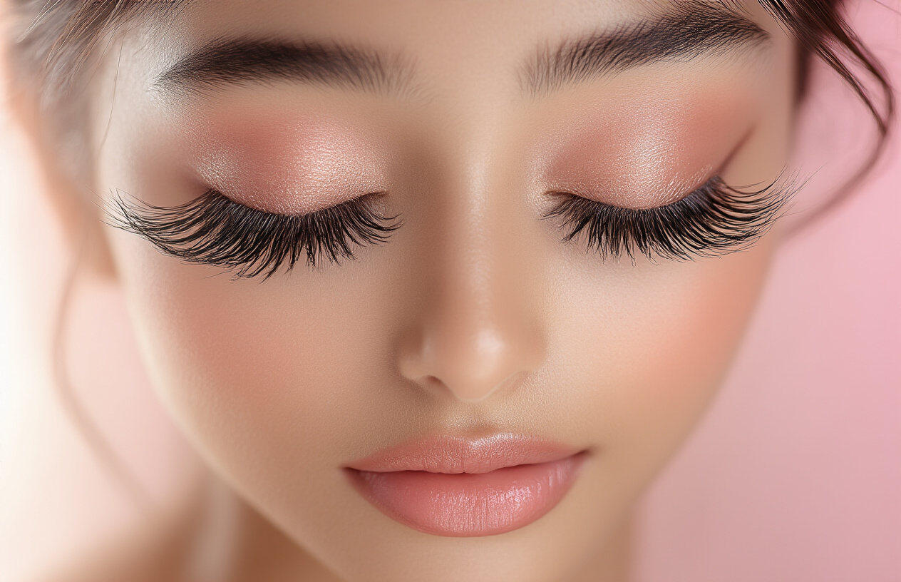 Create a realistic image of a close-up view of a young Indian woman's face showing beautiful, long, dramatic eyelash extensions with her eyes gently closed, smooth glowing skin, and natural makeup, set against a soft pink and white gradient background with warm, diffused lighting that highlights the texture and length of the eyelashes, creating an elegant beauty treatment atmosphere. Absolutely NO text should be in the scene.