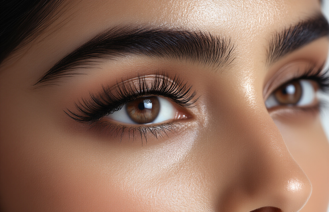 Create a realistic image of a close-up view of beautiful eyelash extensions on a young South Asian female's eyes, showing long, voluminous, perfectly curled black lashes that look natural and well-maintained, with the woman's eyes gently closed in a peaceful expression, soft natural lighting highlighting the lashes' texture and length, clean white background, professional beauty photography style, focusing on the durability and long-lasting quality of the eyelash extensions, absolutely NO text should be in the scene.