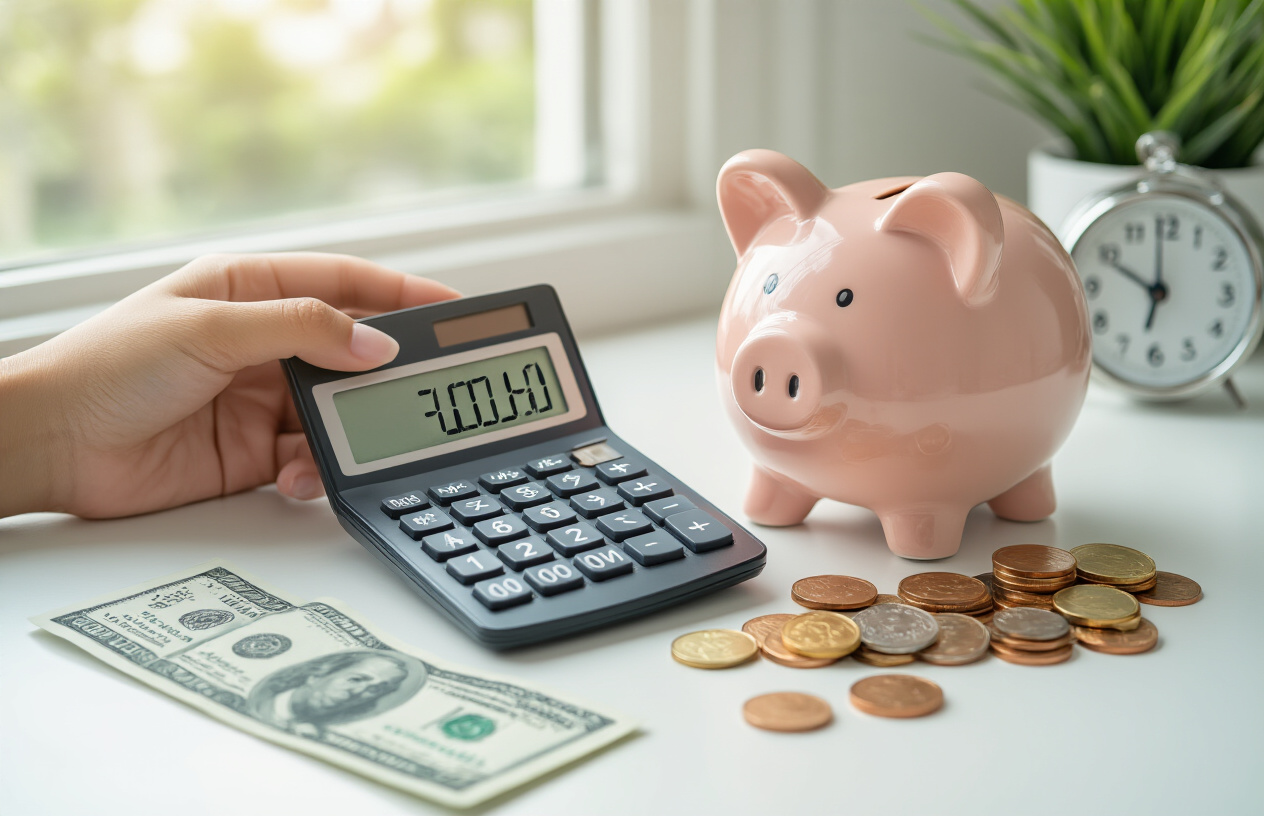 Create a realistic image of a South Asian female hand holding a calculator displaying savings numbers next to a piggy bank filled with coins, with a clock showing time passing and dollar bills scattered around, representing long-term financial benefits, set on a clean white desk with soft natural lighting from a window, creating a peaceful and organized atmosphere that conveys smart financial planning and time management. Absolutely NO text should be in the scene.
