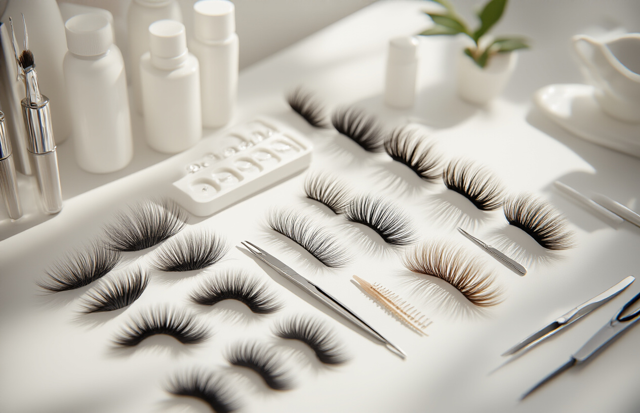 Create a realistic image of a professional beauty salon display showcasing various eyelash extension styles and customization options with multiple sets of artificial eyelashes in different lengths, curls, and thickness arranged on a clean white surface, including natural-looking, dramatic, and cat-eye styles, with precision tweezers and application tools nearby, soft professional lighting creating gentle shadows, and a modern minimalist background in neutral tones, absolutely NO text should be in the scene.