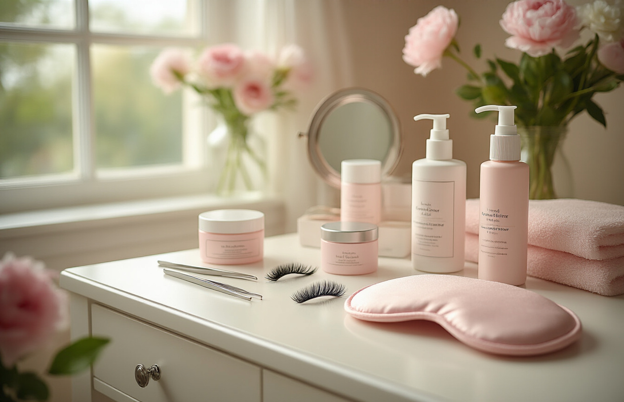 Create a realistic image of a clean, organized vanity table with eyelash extension maintenance tools and products including tweezers, lash brushes, gentle cleanser bottles, silk sleep mask, and a small mirror, with soft natural lighting from a nearby window creating a serene spa-like atmosphere, featuring delicate pink and white color scheme with some fresh flowers in the background. Absolutely NO text should be in the scene.