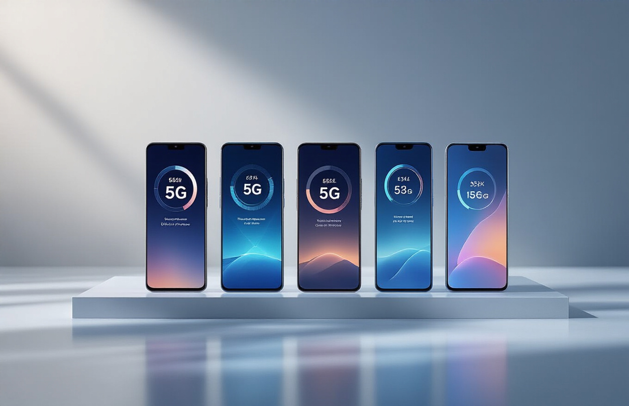 Create a realistic image of five premium 5G smartphones arranged in an elegant display formation on a sleek modern surface, each phone showing vibrant screens displaying 5G connectivity icons and speed indicators, with soft professional lighting highlighting the metallic and glass finishes of the devices, set against a clean gradient background transitioning from deep blue to light gray, with subtle tech-inspired geometric patterns in the background, emphasizing the cutting-edge technology and premium quality of the latest 2025 smartphone models, absolutely NO text should be in the scene.
