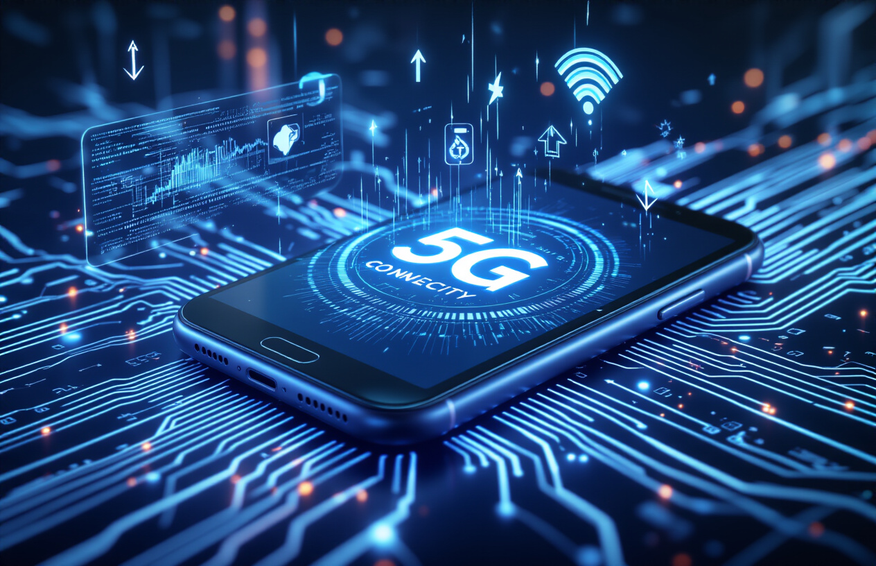 Create a realistic image of a modern smartphone displaying 5G connectivity with animated speed indicators and signal waves, surrounded by futuristic holographic data streams and network connection symbols floating in the air, set against a sleek dark blue technology background with glowing circuit patterns, emphasizing fast internet speed and seamless connectivity through visual elements like lightning bolts and download arrows, with soft blue and white lighting creating a high-tech atmosphere, absolutely NO text should be in the scene.