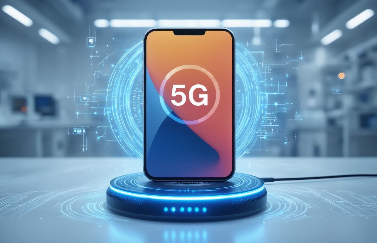 Create a realistic image of a modern 5G smartphone with a large battery percentage indicator showing on its screen, connected to a fast wireless charging pad with blue LED charging indicators, surrounded by futuristic charging technology elements like wireless charging coils and power management chips, set against a clean tech laboratory background with soft blue and white lighting that emphasizes the advanced battery and charging technology, absolutely NO text should be in the scene.