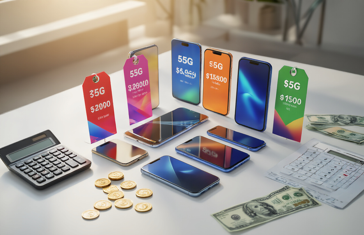 Create a realistic image of multiple 5G smartphones arranged on a clean white surface with colorful price tags showing different price ranges, Indian rupee symbols and currency notes scattered around the phones, calculator and shopping comparison chart visible in the background, bright professional lighting highlighting the value-for-money concept, modern tech store ambiance with soft shadows, absolutely NO text should be in the scene.