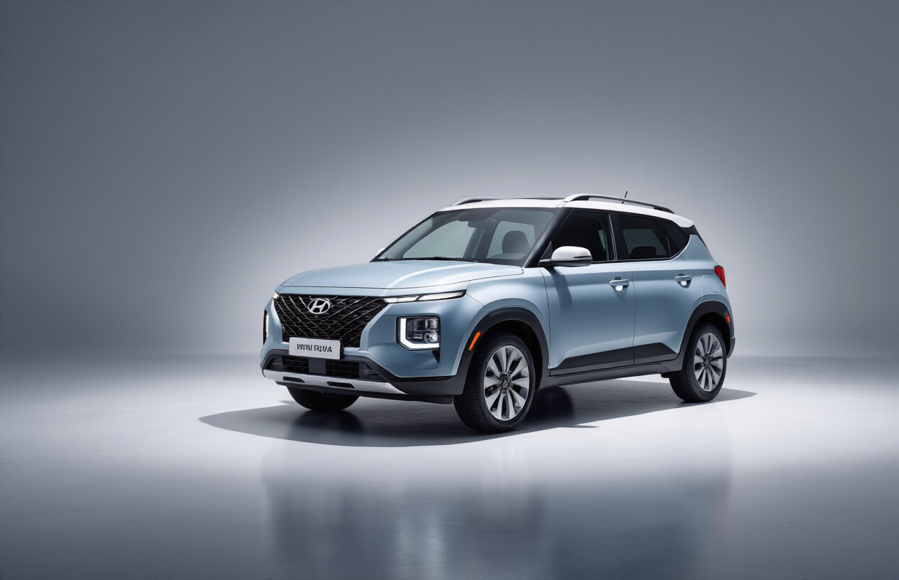 Create a realistic image of a sleek 2025 Hyundai Venue compact SUV showcased in an elegant modern studio setting with professional automotive lighting, featuring the vehicle's distinctive front grille, stylish LED headlights, bold body lines, and contemporary design elements, positioned at a three-quarter angle to highlight its attractive exterior styling and proportions, with a clean minimalist background in soft gray tones and dramatic spotlighting that emphasizes the SUV's premium finish and modern aesthetic appeal, absolutely NO text should be in the scene.