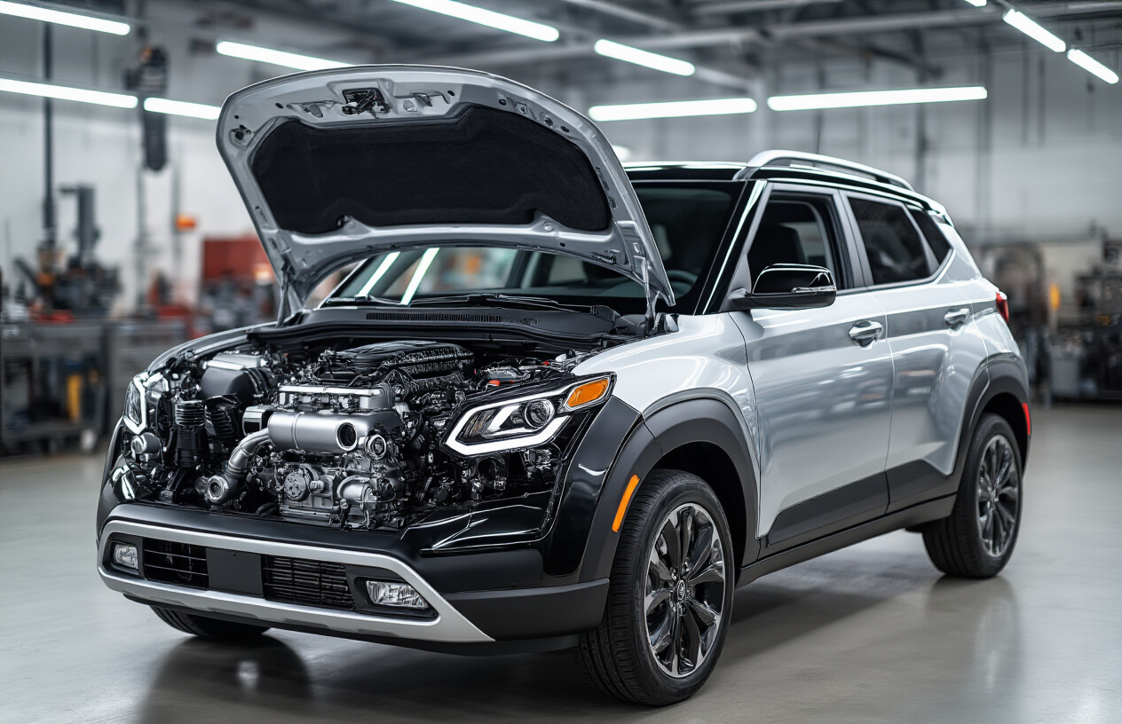 Create a realistic image of a 2025 Hyundai Venue compact SUV with its hood open displaying a detailed modern turbocharged engine compartment, featuring chrome and black engine components with visible pistons, air intake system, and cooling elements, positioned in a professional automotive workshop with bright LED lighting creating dramatic shadows that highlight the engine's metallic surfaces and intricate engineering details, with clean concrete floors and blurred automotive equipment in the background creating a technical atmosphere that emphasizes power and performance, absolutely NO text should be in the scene.