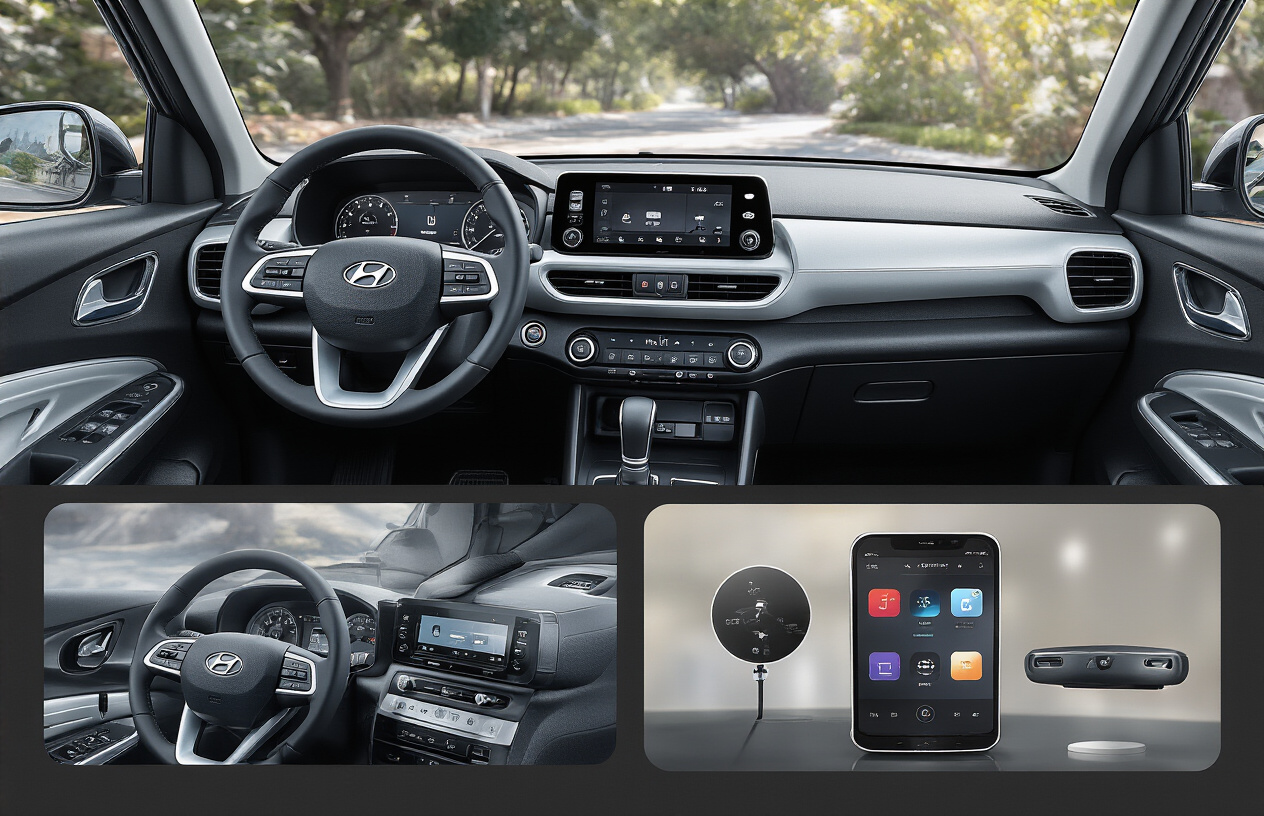 Create a realistic image of a sleek Hyundai Venue 2025 compact SUV interior dashboard showcasing modern technology features including a large touchscreen infotainment display, digital instrument cluster, wireless charging pad, smartphone connectivity ports, and smart control buttons, with premium black and silver materials, ambient LED lighting, and high-tech design elements visible in crisp detail, shot from the driver's perspective in bright natural lighting, absolutely NO text should be in the scene.
