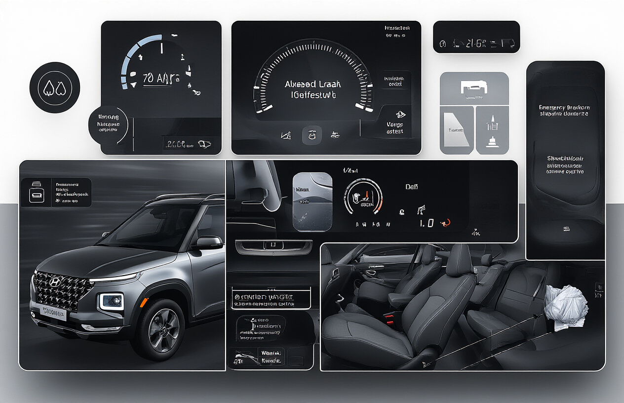 Create a realistic image of a modern Hyundai Venue 2025 compact SUV interior focusing on advanced safety features, showing the dashboard with airbag symbols, safety warning lights on the instrument cluster, emergency brake assist button, electronic stability control indicators, and seat belts prominently displayed, with clean black and silver interior trim, soft ambient lighting highlighting the safety elements, shot from the driver's perspective to showcase the comprehensive safety technology integration, absolutely NO text should be in the scene.