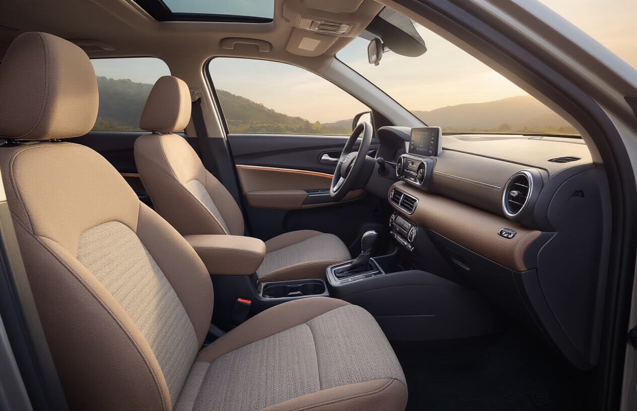 Create a realistic image of the interior of a 2025 Hyundai Venue compact SUV showcasing comfort and convenience features, with plush fabric seats, a modern dashboard with digital display, air conditioning vents, cup holders, armrests, USB charging ports, and ambient lighting, shot from the driver's perspective showing the cabin's spacious and well-appointed design with warm interior lighting, absolutely NO text should be in the scene.