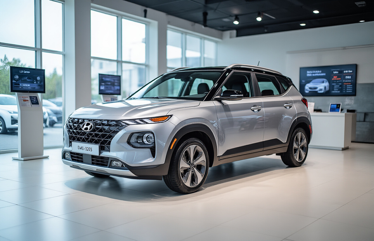 Create a realistic image of a sleek silver Hyundai Venue 2025 compact SUV displayed in a modern car dealership showroom with pricing tags and value comparison charts visible on digital screens in the background, professional automotive lighting highlighting the vehicle's stylish design features, clean white showroom floor with subtle reflections, contemporary dealership environment suggesting premium value and affordability, absolutely NO text should be in the scene.