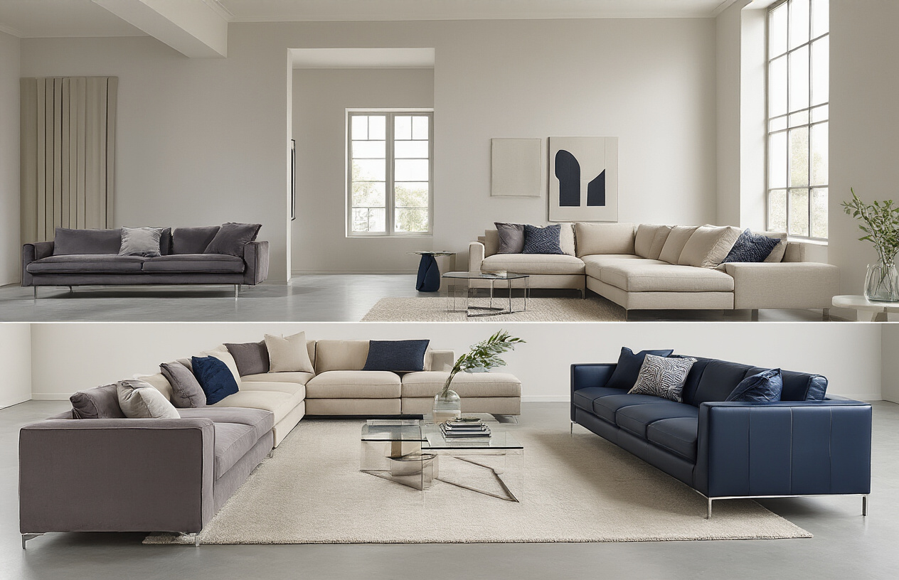 Create a realistic image of a modern living room showcase featuring multiple contemporary sofas in different colors and fabric textures, including a sleek gray velvet sofa, a beige linen sectional, and a navy blue leather couch, arranged in an elegant showroom setting with neutral walls, polished concrete floors, natural lighting from large windows, and minimalist decor accessories like geometric throw pillows and a glass coffee table, emphasizing the variety of modern upholstery options and color schemes available for contemporary home furniture, absolutely NO text should be in the scene.