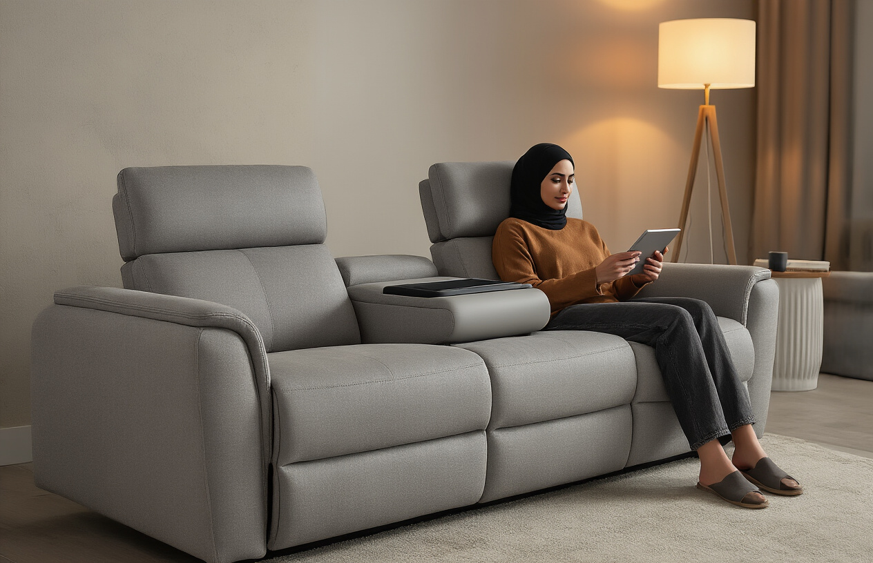 Create a realistic image of a modern living room showcasing a sleek contemporary sofa with built-in smart features like USB charging ports, adjustable headrests, and reclining mechanisms, comfortable cushions with ergonomic design, a person of Middle Eastern descent sitting comfortably on the sofa using a tablet, warm ambient lighting from floor lamps, minimalist background with neutral colors, cozy atmosphere emphasizing comfort and technological convenience, absolutely NO text should be in the scene.