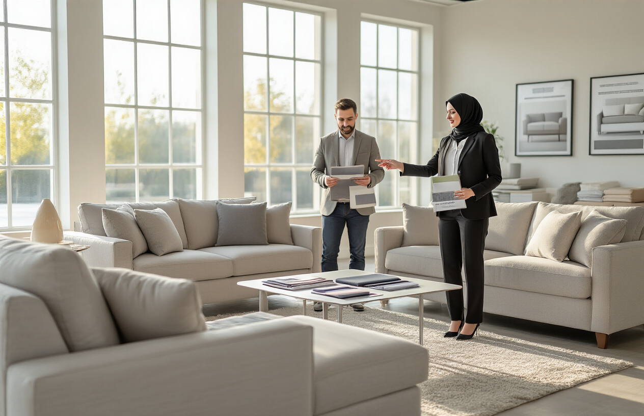 Create a realistic image of a modern living room showroom with multiple contemporary sofas displayed elegantly, featuring a middle-aged white male customer examining fabric samples and price tags while a professional Arab female sales consultant in business attire points to different sofa models, with soft natural lighting from large windows, clean minimalist background with price comparison charts on tablets, warm inviting atmosphere suggesting smart purchasing decisions, absolutely NO text should be in the scene.