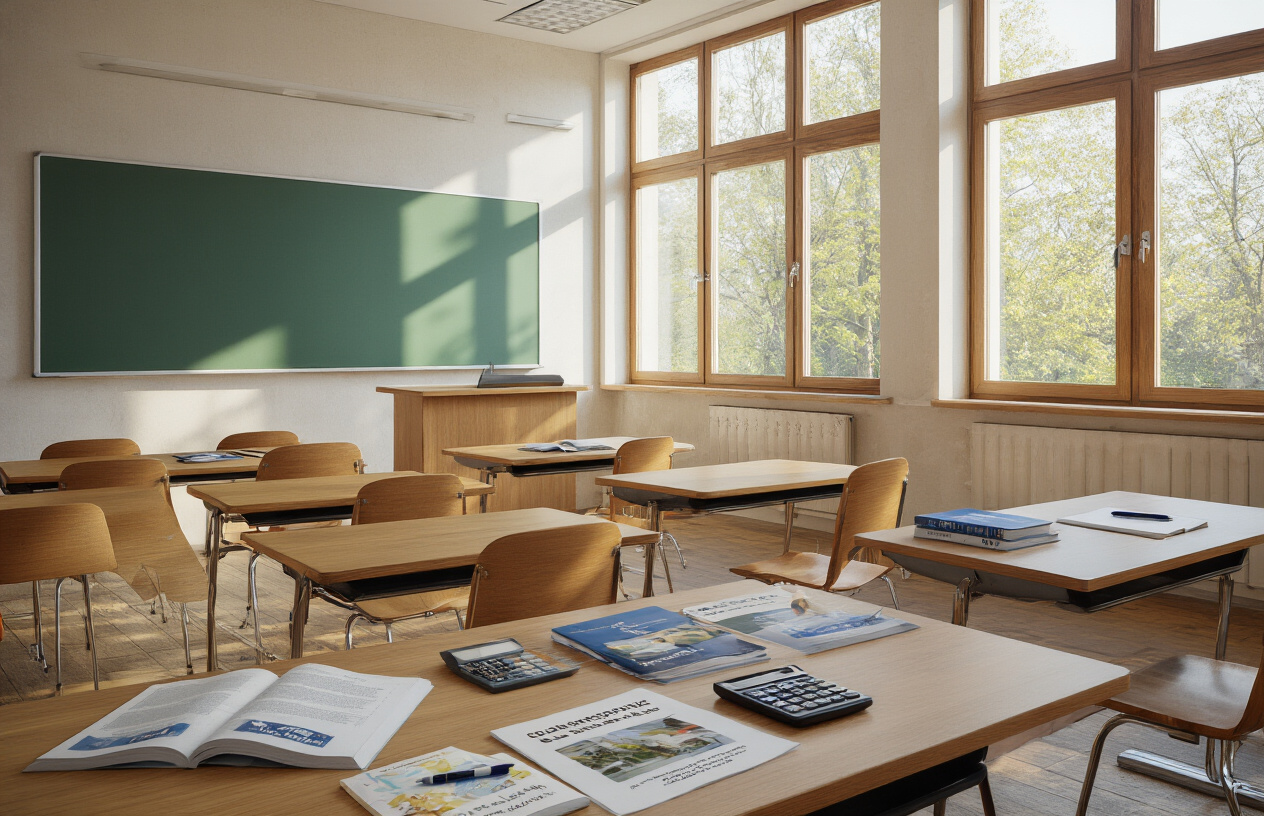 Create a realistic image of a modern university classroom or lecture hall with wooden desks arranged in rows, a chalkboard or whiteboard at the front, educational materials like textbooks and notebooks scattered on desks, university brochures and fee documents spread on a table, a calculator and pen nearby, warm natural lighting streaming through large windows, academic atmosphere with a professional and organized setting, absolutely NO text should be in the scene.