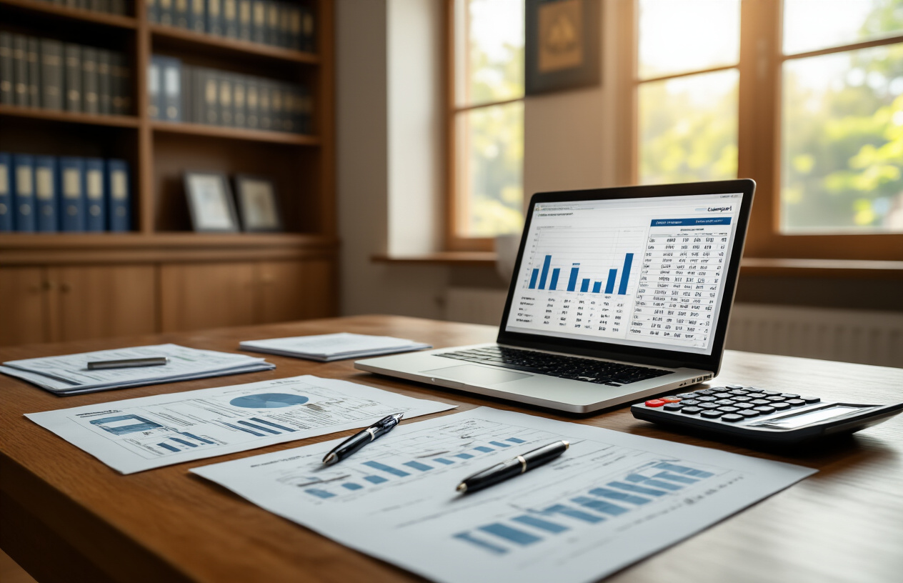 Create a realistic image of a modern university administrative office scene with financial documents and fee charts spread across a wooden desk, a laptop computer displaying spreadsheet data, calculator, pen, and official university brochures, with a professional indoor office setting featuring bookshelves and diplomas on the wall in the background, warm natural lighting from a window, conveying an academic and organized atmosphere, absolutely NO text should be in the scene.