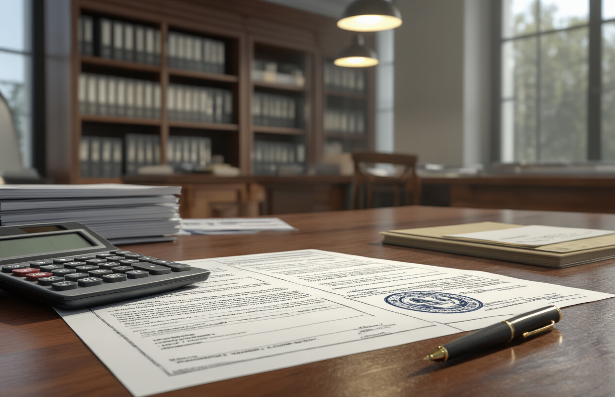 Create a realistic image of a modern university administrative office setting with official fee documents and financial paperwork spread across a polished wooden desk, featuring a calculator, pen, and official university stamps, with filing cabinets and bookshelves in the background, soft professional lighting from overhead fixtures, clean and organized atmosphere suggesting official academic financial processes, absolutely NO text should be in the scene.