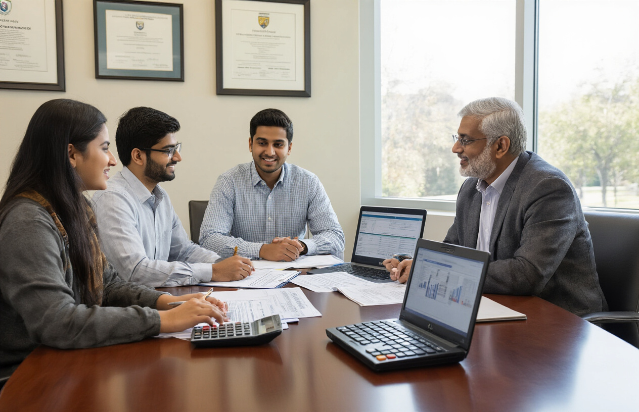 Create a realistic image of a modern university financial office scene with a South Asian male financial advisor sitting across from a diverse group of students and parents at a polished wooden desk, calculator and payment schedule documents spread on the table, laptop computer open showing financial planning software, professional office setting with university diplomas on the wall, bright natural lighting from large windows, conveying a helpful and organized atmosphere for discussing tuition payment options, absolutely NO text should be in the scene.