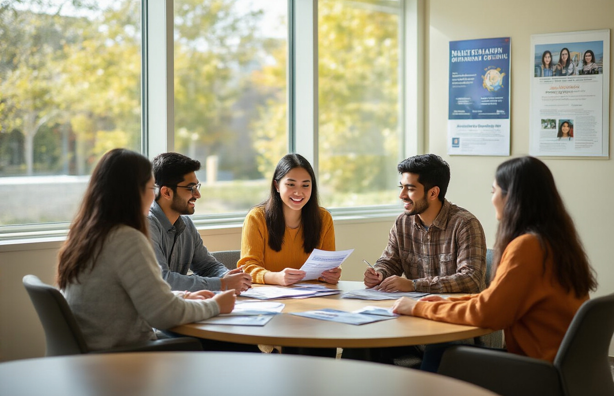 Create a realistic image of a diverse group of university students sitting around a table in a bright, modern academic counseling office, with an Asian female counselor presenting scholarship documents and financial aid brochures to South Asian male and female students, featuring warm natural lighting from large windows, comfortable seating, educational posters on walls, and a professional yet welcoming atmosphere that conveys hope and opportunity, absolutely NO text should be in the scene.