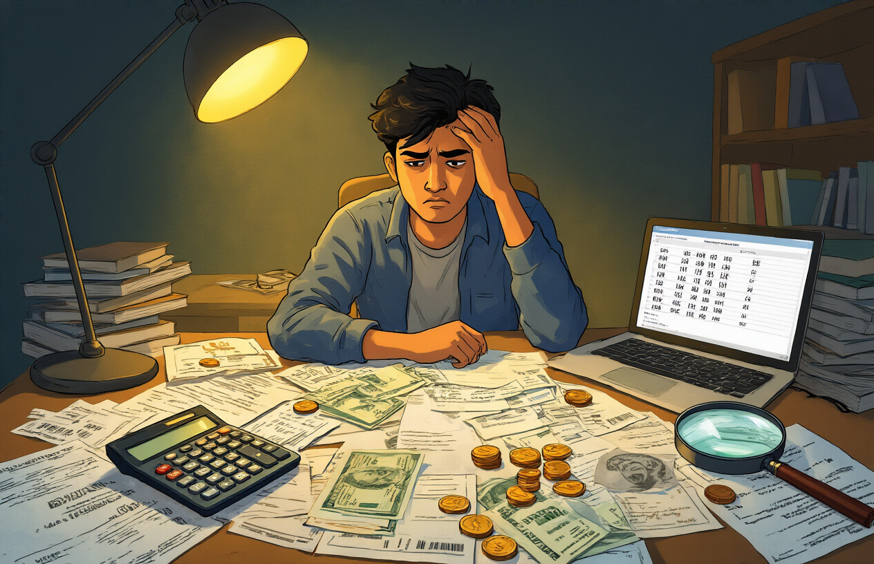 Create a realistic image of a cluttered desk with scattered bills, receipts, and invoices spread across the surface, a calculator displaying numbers, coins and banknotes in different denominations, a magnifying glass highlighting small print on documents, textbooks stacked in the corner, a laptop showing spreadsheet calculations, and a worried-looking South Asian male student in casual clothing sitting behind the desk with his hand on his forehead in a concerned gesture, set in a dimly lit dorm room with warm yellow lighting from a desk lamp, creating a stressful atmosphere that conveys financial burden and hidden educational expenses, absolutely NO text should be in the scene.
