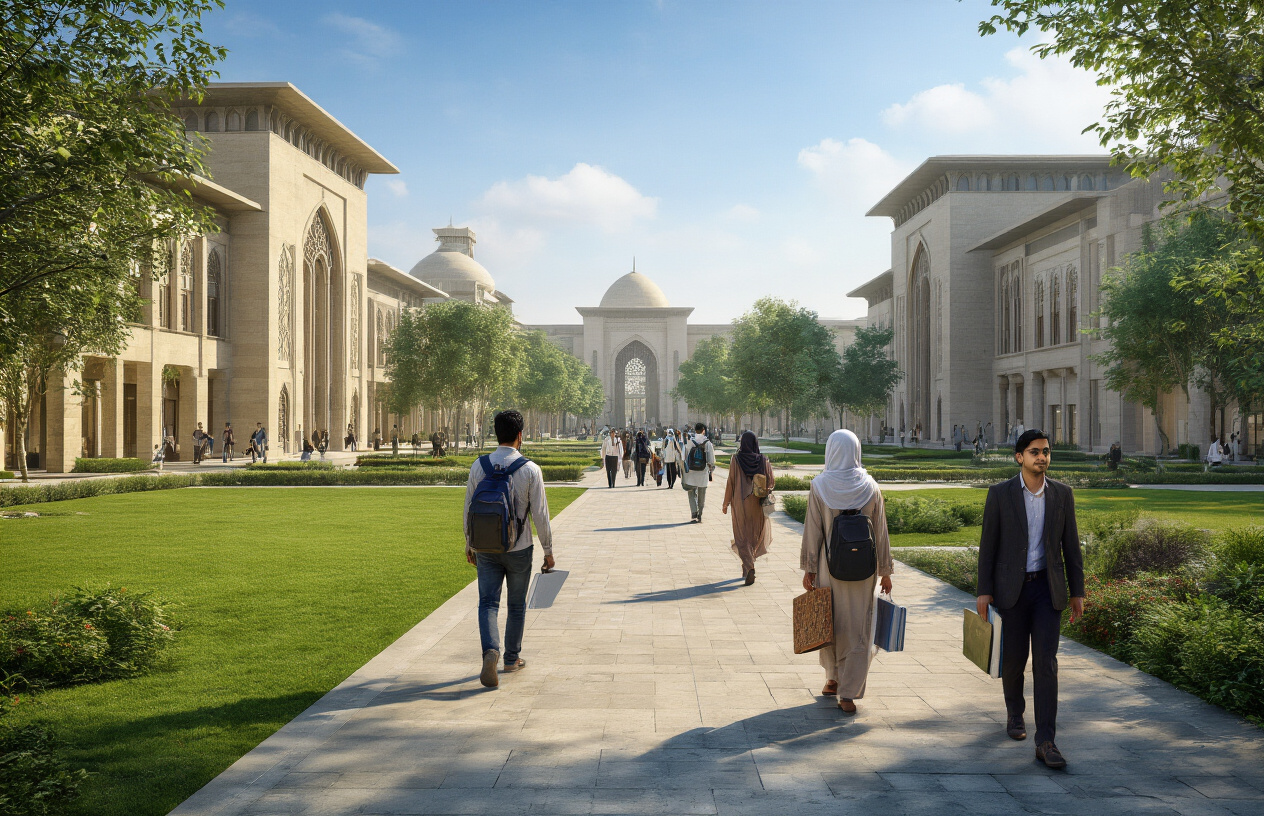 Create a realistic image of a prestigious university campus showing modern academic buildings with Islamic architectural elements, lush green lawns, students of diverse backgrounds (South Asian male and female, white male and female) carrying books and backpacks walking along paved pathways, faculty members in professional attire, clear blue sky with soft natural lighting creating an atmosphere of academic excellence and learning, Absolutely NO text should be in the scene.