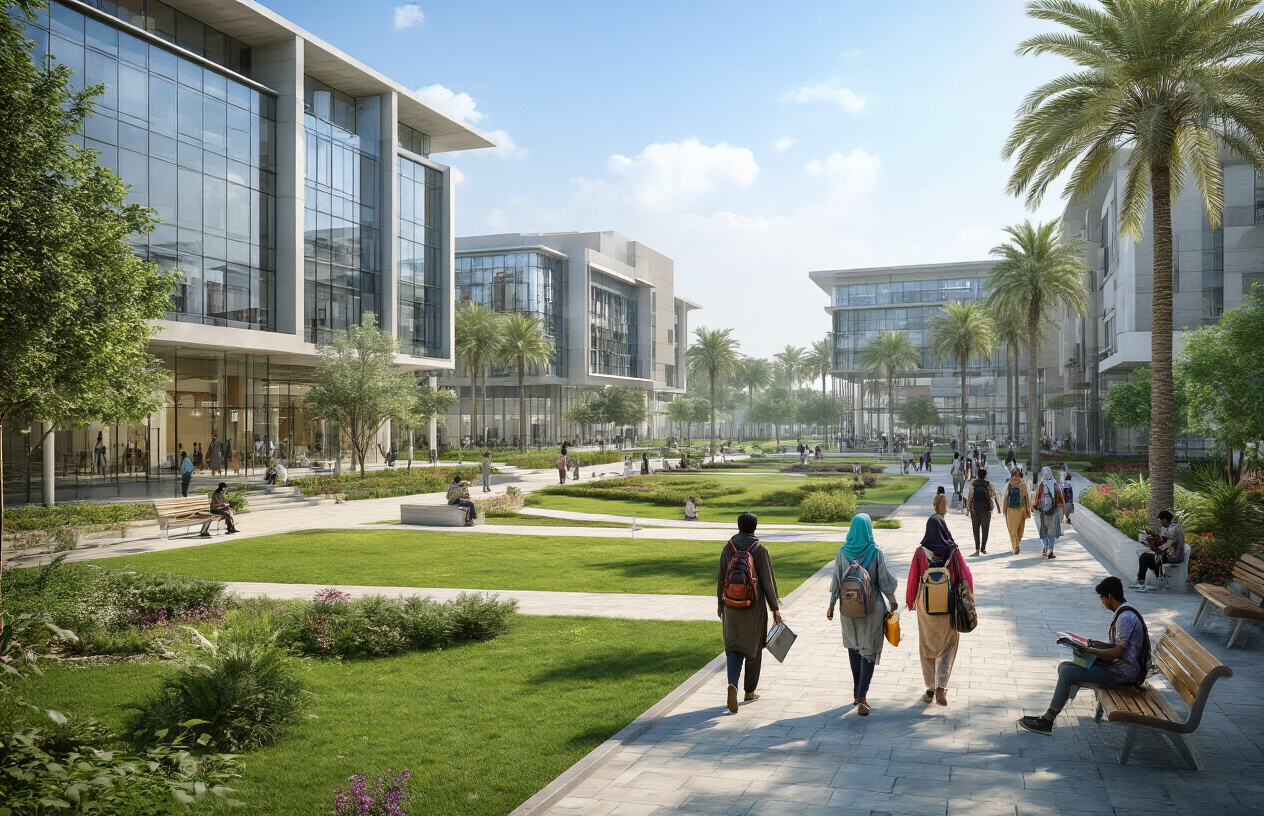 Create a realistic image of a modern university campus showcasing world-class facilities with contemporary buildings featuring glass facades and modern architecture, manicured green lawns, palm trees and landscaping typical of Pakistan, students of diverse South Asian backgrounds walking on paved pathways carrying books and backpacks, outdoor seating areas with benches, a central courtyard or plaza, clear blue sky with natural daylight, vibrant and welcoming atmosphere that conveys academic excellence and modern educational infrastructure, Absolutely NO text should be in the scene.