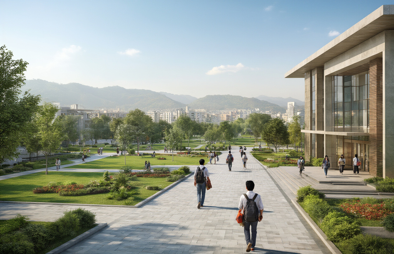 Create a realistic image of a modern university campus building with contemporary architecture set against a backdrop of Islamabad's cityscape, featuring wide paved pathways leading to the main entrance, lush green landscaping with trees and manicured gardens, students of diverse South Asian ethnicity walking towards the building carrying books and backpacks, clear blue sky with soft natural lighting, and distant views of hills and urban development showcasing the strategic location, with absolutely NO text should be in the scene.