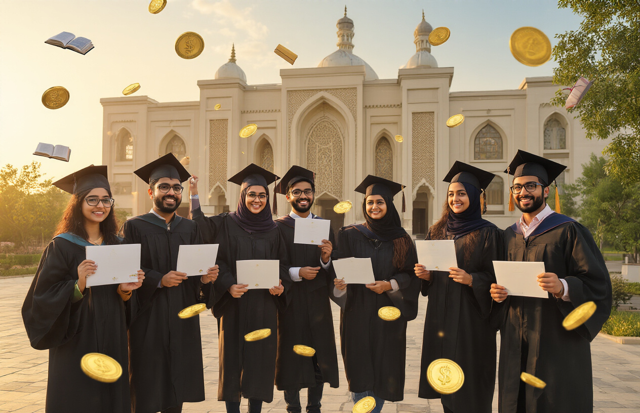 Create a realistic image of a diverse group of South Asian students in graduation caps and gowns celebrating with diplomas in hand, standing in front of a modern university building with Islamic architectural elements, golden hour lighting creating a warm and hopeful atmosphere, with upward arrows made of coins and books floating subtly in the background to symbolize educational investment and growth, absolutely NO text should be in the scene.