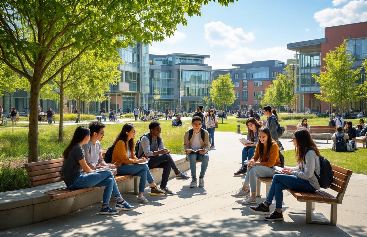 Create a realistic image of a diverse group of university students of various races (white, black, Asian) and both male and female genders gathered together on a modern university campus, some sitting on benches and others standing in small groups, engaged in animated conversations and studying together, with contemporary academic buildings and green landscaped areas in the background, bright natural daylight creating a welcoming and energetic atmosphere that conveys community and academic collaboration, absolutely NO text should be in the scene.