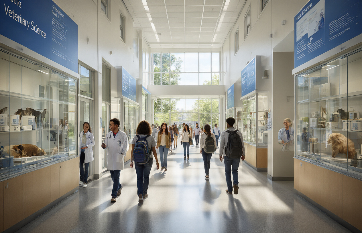 Create a realistic image of a modern university academic building with veterinary science facilities, showing diverse students of different races and genders walking through a bright corridor lined with informational displays about various degree programs, with veterinary equipment and animal care materials visible in glass display cases, natural lighting streaming through large windows, and a professional academic atmosphere. Absolutely NO text should be in the scene.