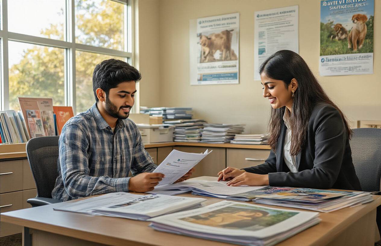 Create a realistic image of a modern university admissions office with a South Asian male student sitting at a desk reviewing application documents and brochures, while a female South Asian admissions counselor in professional attire assists him, with veterinary and animal science posters on the walls, filing cabinets filled with application folders in the background, warm natural lighting from large windows, and a welcoming academic atmosphere, absolutely NO text should be in the scene.