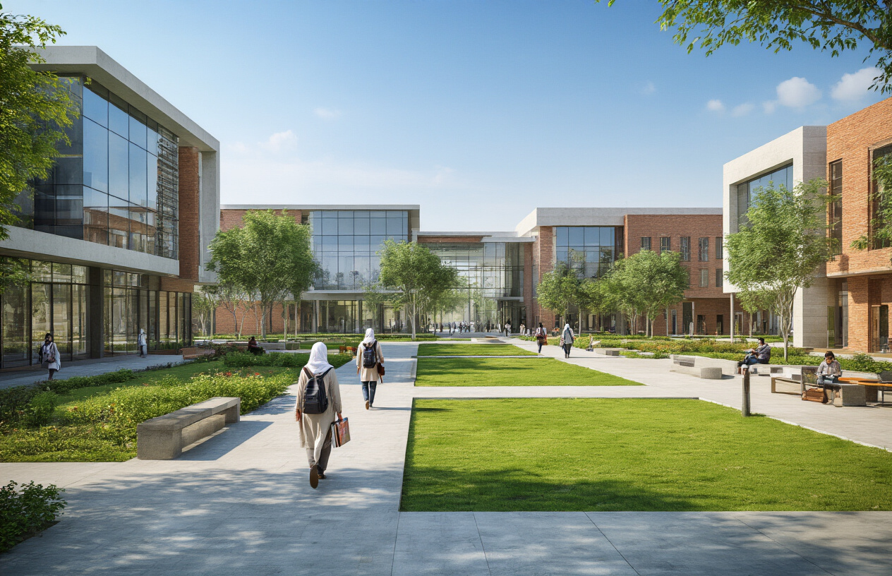 Create a realistic image of a modern veterinary university campus in Lahore showing well-maintained academic buildings with contemporary architecture, landscaped pathways with green lawns and trees, outdoor seating areas, a few South Asian male and female students walking between buildings carrying books and backpacks, clear blue sky, bright natural daylight, clean concrete walkways, modern glass and brick facades, and educational signboards without text, absolutely NO text should be in the scene.
