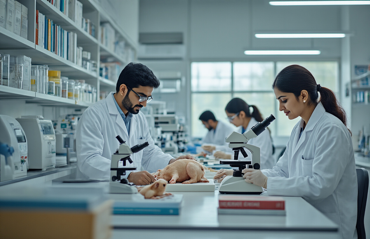 Create a realistic image of a modern veterinary research laboratory at a Pakistani university with South Asian male and female professors in white lab coats examining animal specimens under microscopes, with state-of-the-art equipment including centrifuges and analytical instruments visible in the background, bright fluorescent lighting illuminating the clean professional workspace, shelves lined with research materials and veterinary textbooks, creating an atmosphere of academic excellence and scientific discovery, absolutely NO text should be in the scene.
