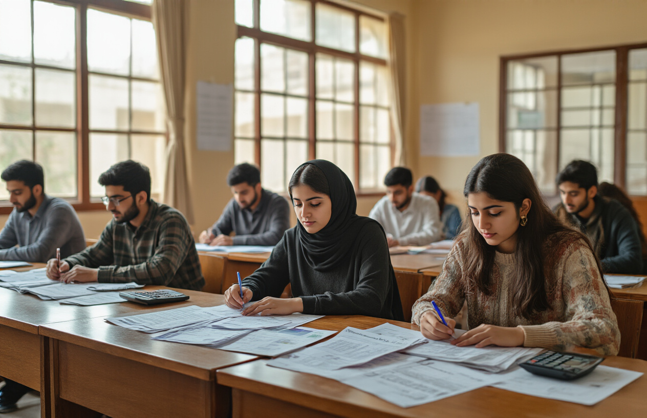 Create a realistic image of Pakistani students sitting at wooden desks in a university classroom, with financial documents, fee structure papers, and scholarship application forms spread across their desks, some students appearing focused while reviewing documents, others discussing with peers, warm natural lighting from large windows, university building visible in background through windows, calculator and pen on desk, professional academic atmosphere, absolutely NO text should be in the scene.